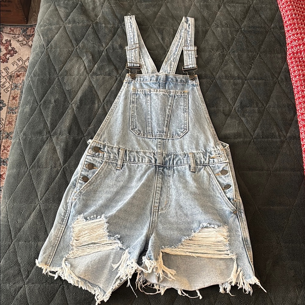 Pink Lily Light Blue Distressed Denim Overalls